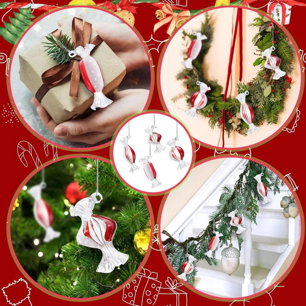 Syhood 12 Pcs Christmas Glass Candy Ornaments - Red White Candy Lollipop Hanging Ornaments for Xmas Tree Party Decoration
