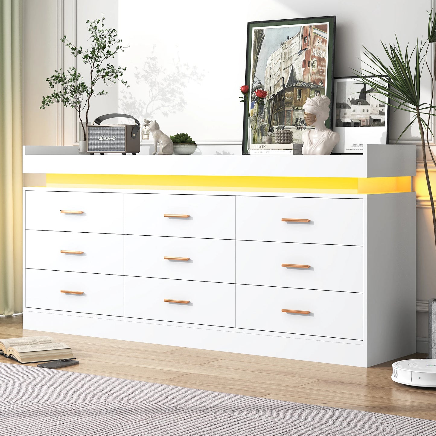 9 Drawer Dresser with LED Light and Charging Station, Modern Chest of Drawers for Closet, Wide Drawer Organizer Cabinet