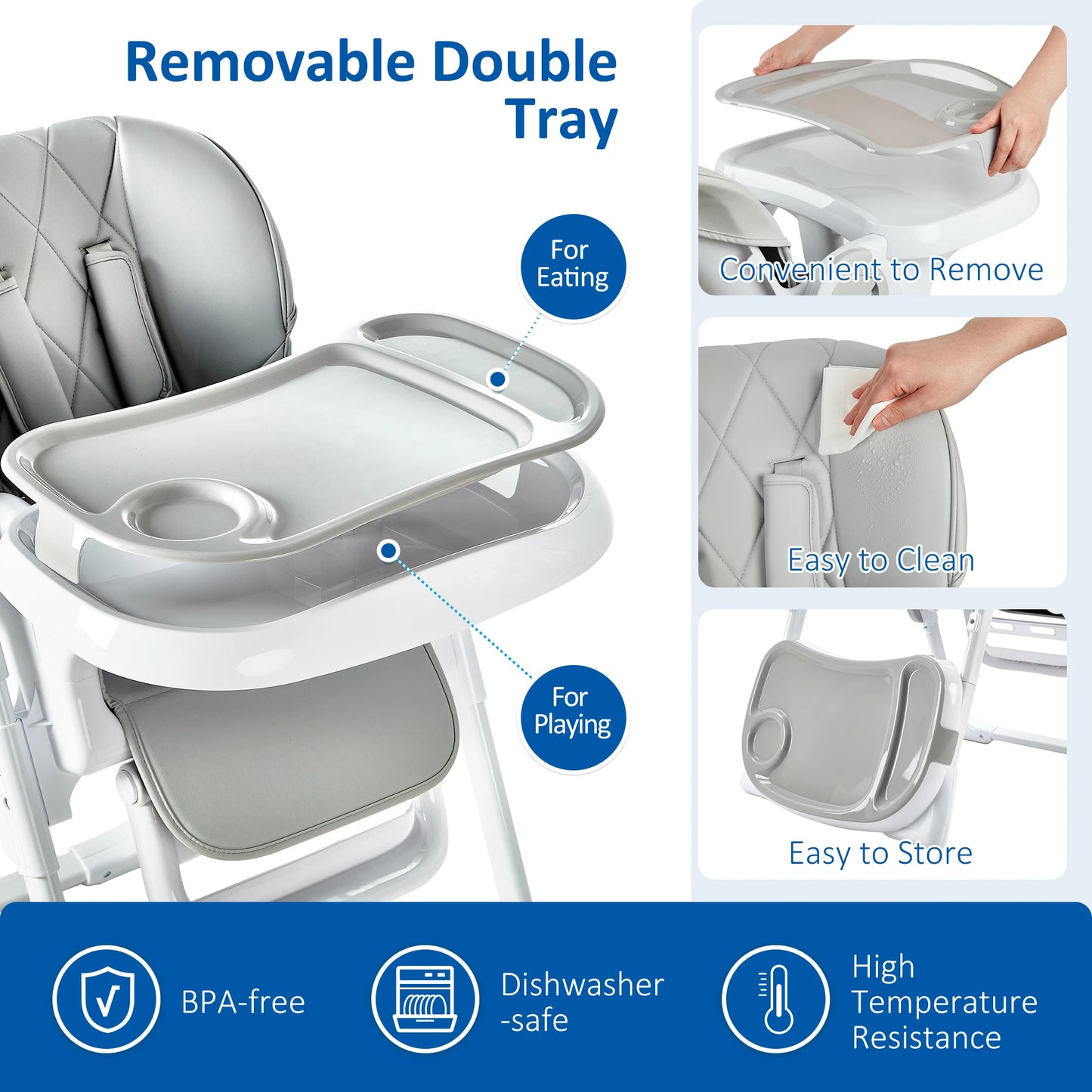 Multifunction Baby High Chair with Adjustable Height, Reclining Seat & Feeding Tray