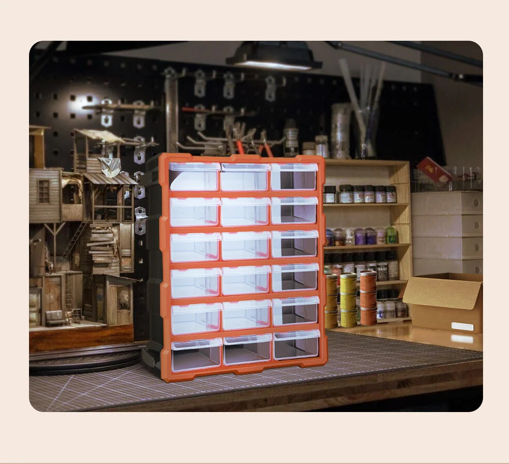 AIRAJ Multi-Drawer Storage Organizer - 18 Slots, Plastic Parts & Crafts Cabinet for Desk or Wall Mount, Ideal for Hardware, Bead