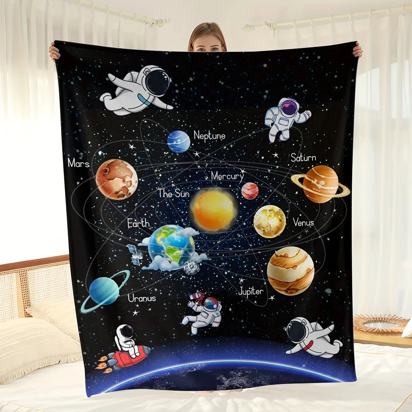Astronaut Planet Print Flannel Throw Blanket. Cozy Space Theme Blanket