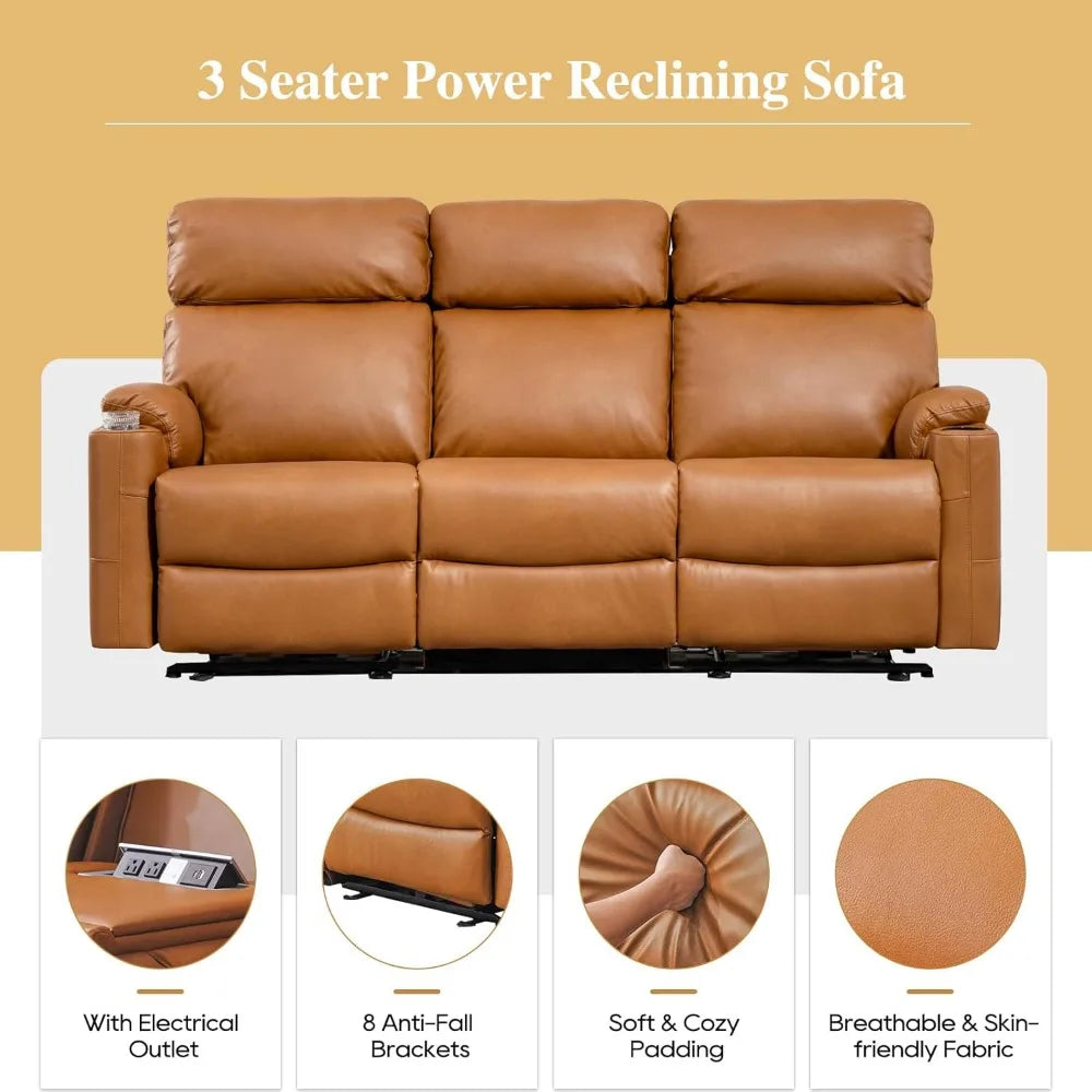 Power Reclining Sofa - 3 Seater Recliner Sofás, PU Leather Recliner Sofa, Home Theater Seating with Flipped Middle Backrest, Pow