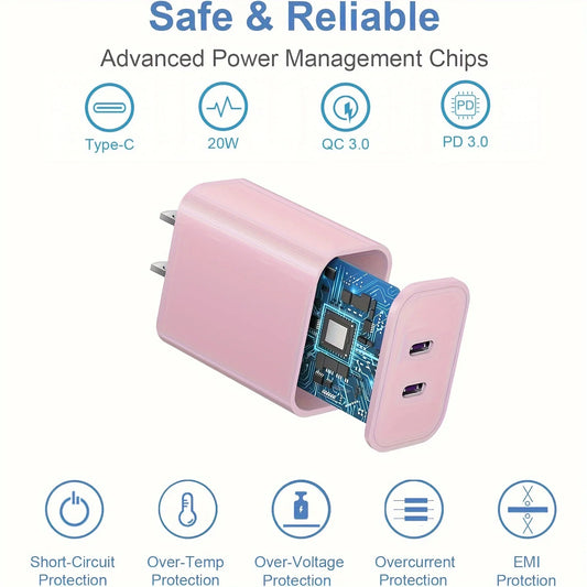 20W Dual Port USB C Charger Block With 6.6FT Long USB C To Lightning Charging Cable For IPhone 14 Pro/13 Pro/12 Mini/12/11/iPad