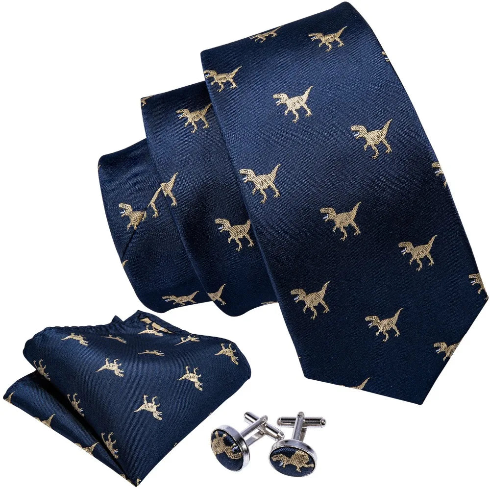 Men’s Luxury Dinosaur Necktie Set . Navy Blue Silk Tie, Pocket Square & Cufflinks for Business, Weddings & Special Events
