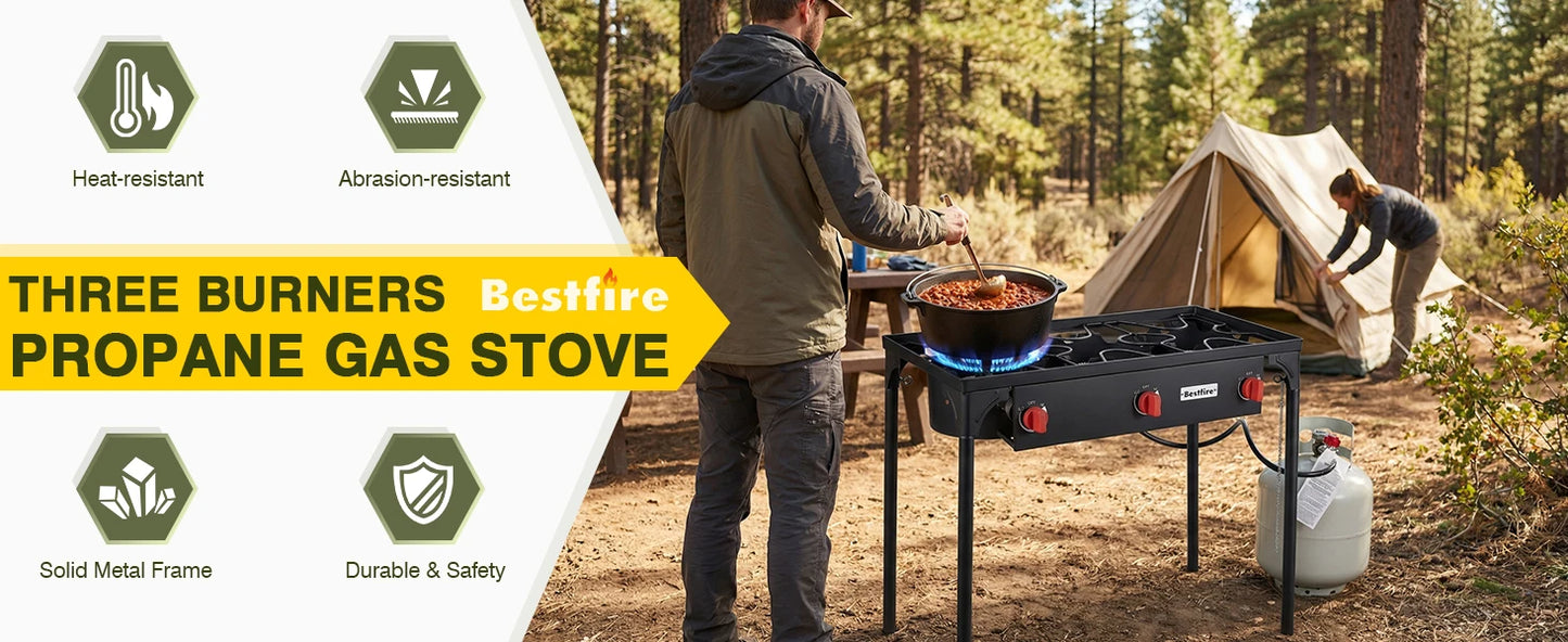 3 Burner Propane Camping Stove with Regulator . High Power Outdoor Gas Cooker for Camping, Tailgating & Backyard Cooking  Description