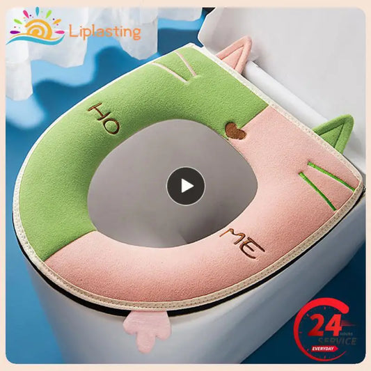 Cute Cartoon Cat Design Warm Toilet Seat Cover with Handle Thicken Plush Toilet Mat Universal Toilet Cushion Bathroom Aceesories