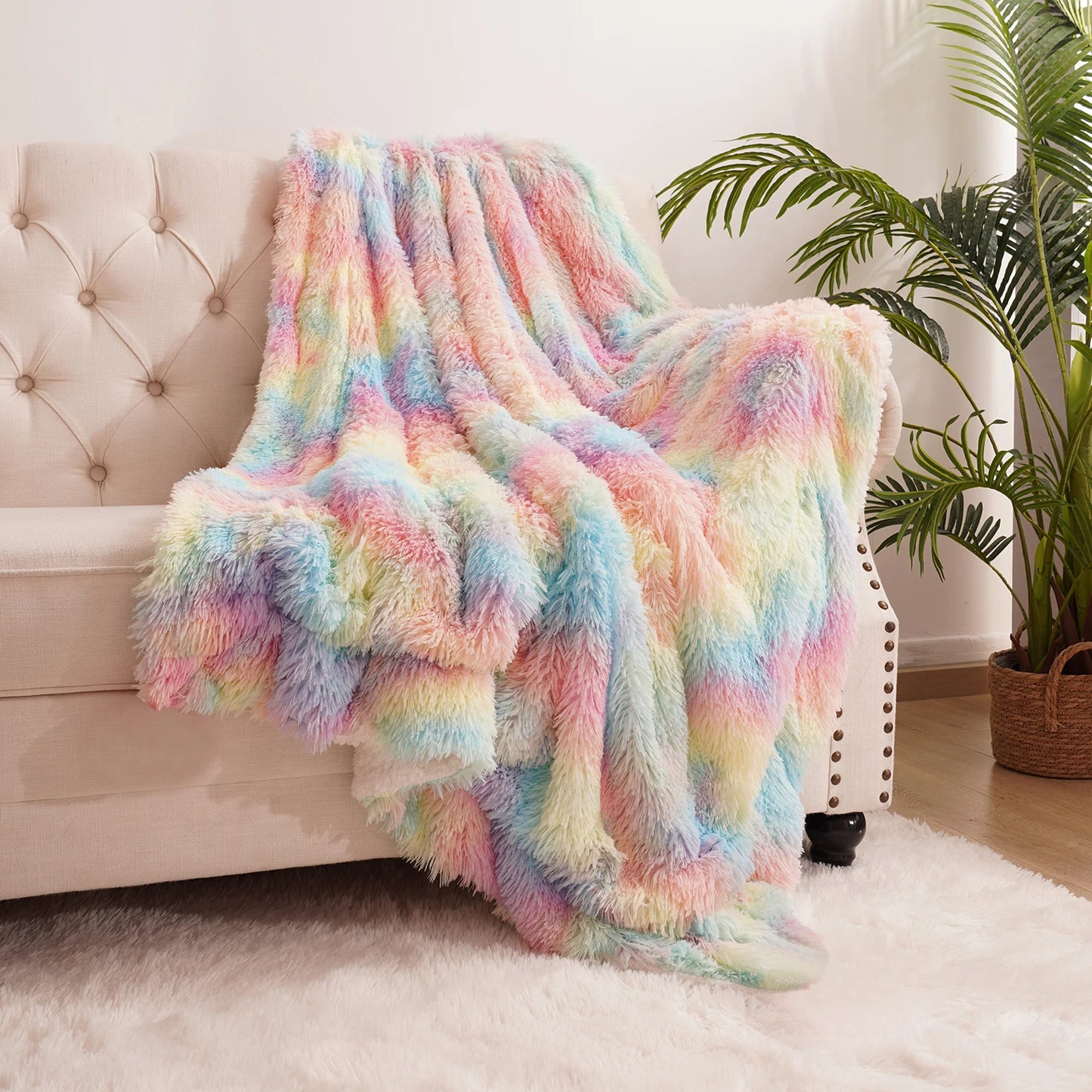 Soft Rainbow Fluffy Plush Blanket Bedspread For Home Use