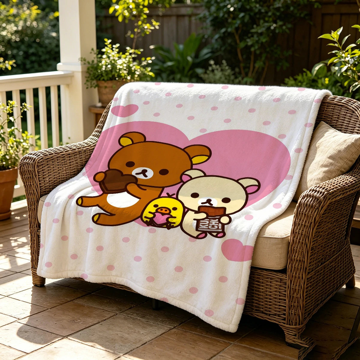 Rilakkuma Throw Blanket 1PC Cute Pink Heart Polka Dot Print Kawaii Cartoon Soft Flannel for Valentine's Day Home Decor