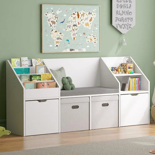 67 Inch Kids Reading Nook With Bench Bookshelf Cube Storage