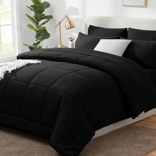 Full Size Comforter Sets Black, 7 Pieces Bed in a Bag, Black Comforter Full Size, Flat Sheet, Fitted Sheet, Pillowcases