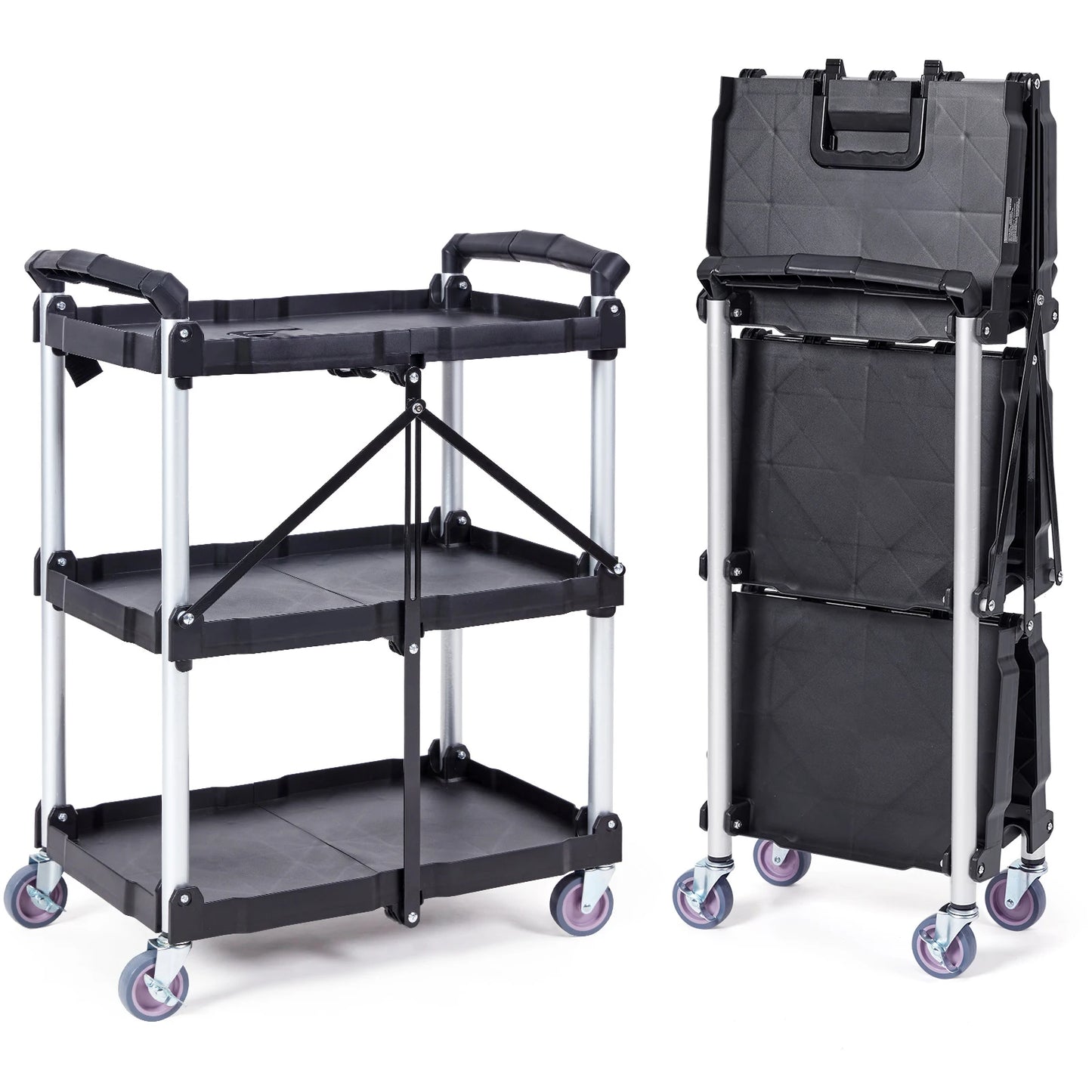 SucceBuy 3-Tier Folding Rolling Utility Cart . Heavy-Duty Mobile Storage Shelf with Wheels for Laundry, Kitchen, Office & Home Organization