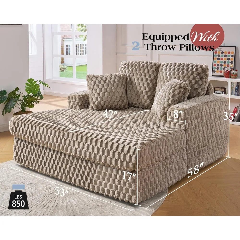53 Inch Chaise Lounge Indoor, Plush Sleeper Chair with Throw Pillows, Upholstered Sofa Bed with Armrests,