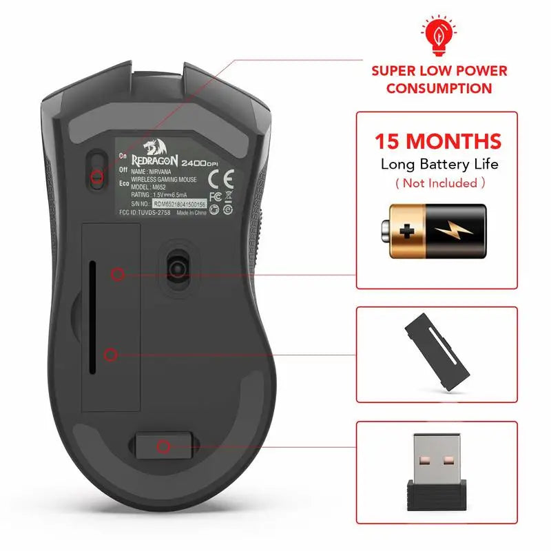 Redragon M652 2.4GHz Wireless Gaming Mouse, Ergonomic Optical USB Mouse with Adjustable DPI for PC, Laptop & Mac