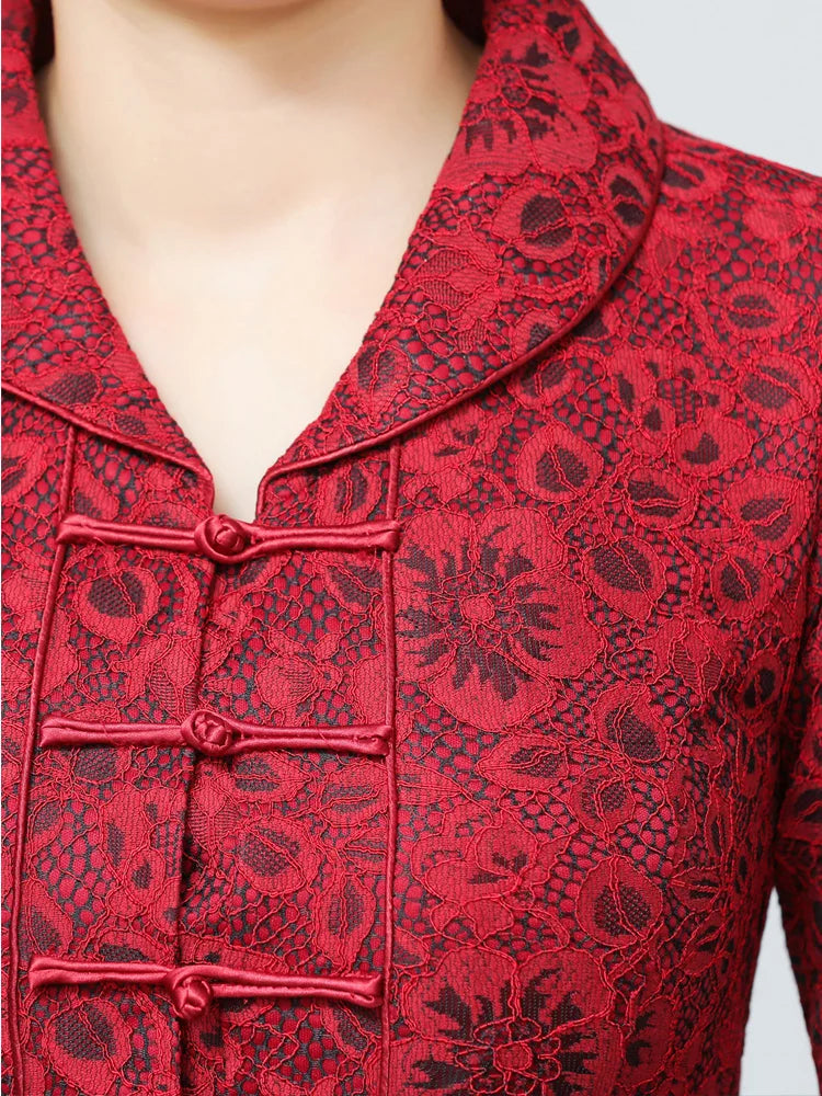 Autumn Winter Velvet Lace Floral Cheongsam Top Jacket Women