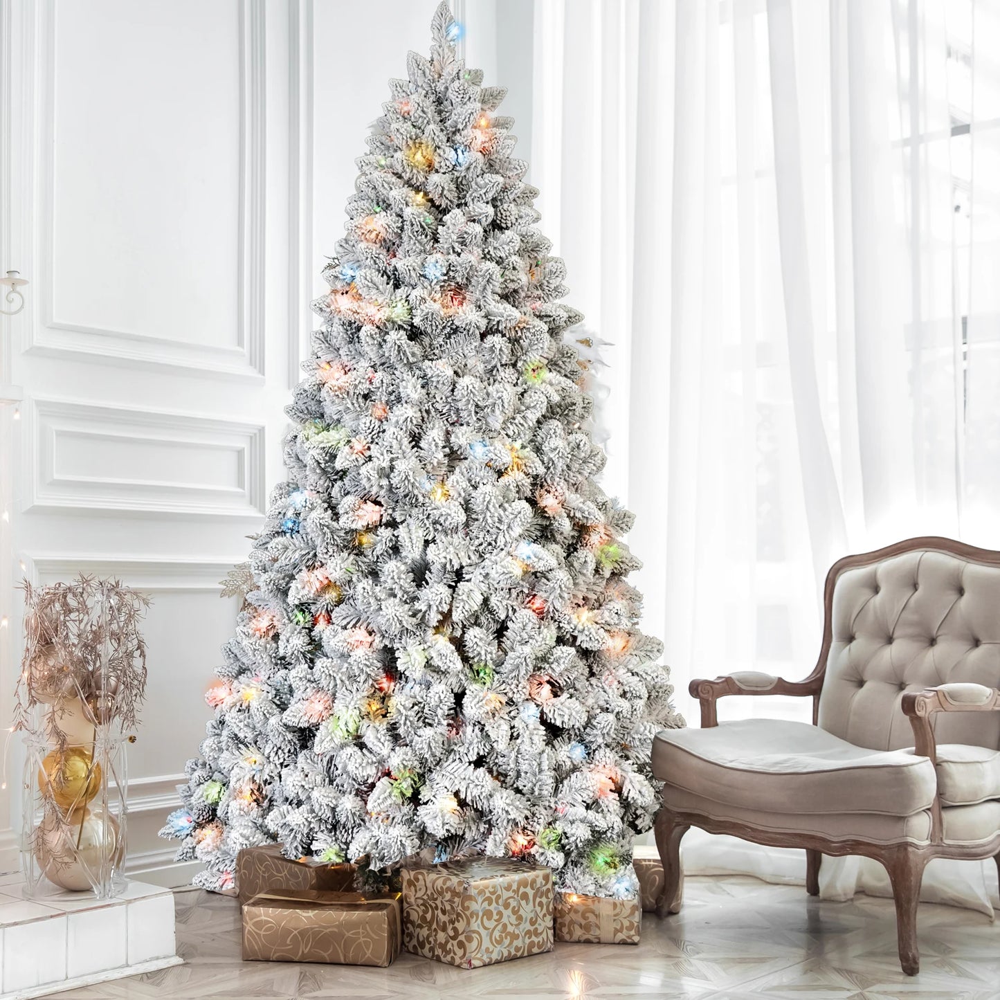 FT Pre-Lit Snow-Flocked Artificial Christmas Tree .Premium Mixed PVC Branches with Warm Holiday Lighting