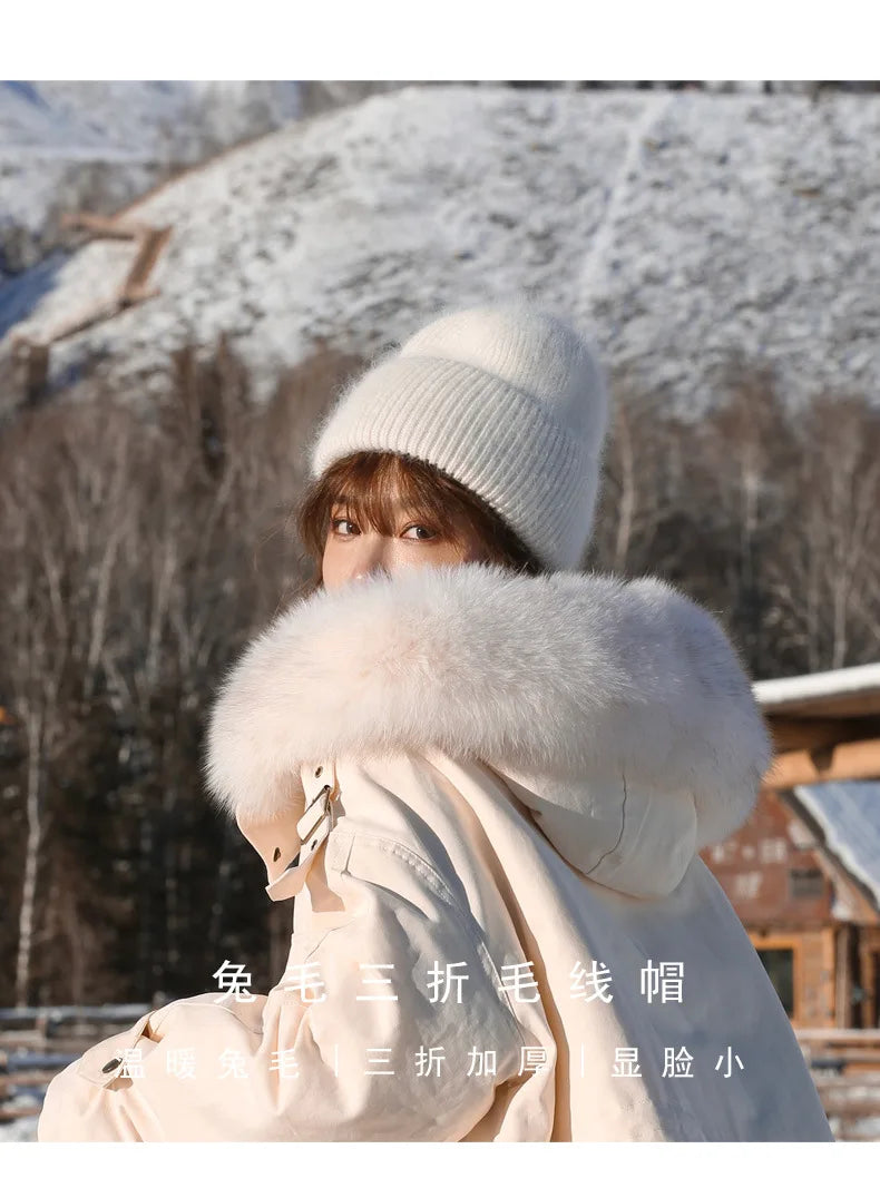 Warm Cashmere Wool Skullies Beanie For Women Rabbit Fur