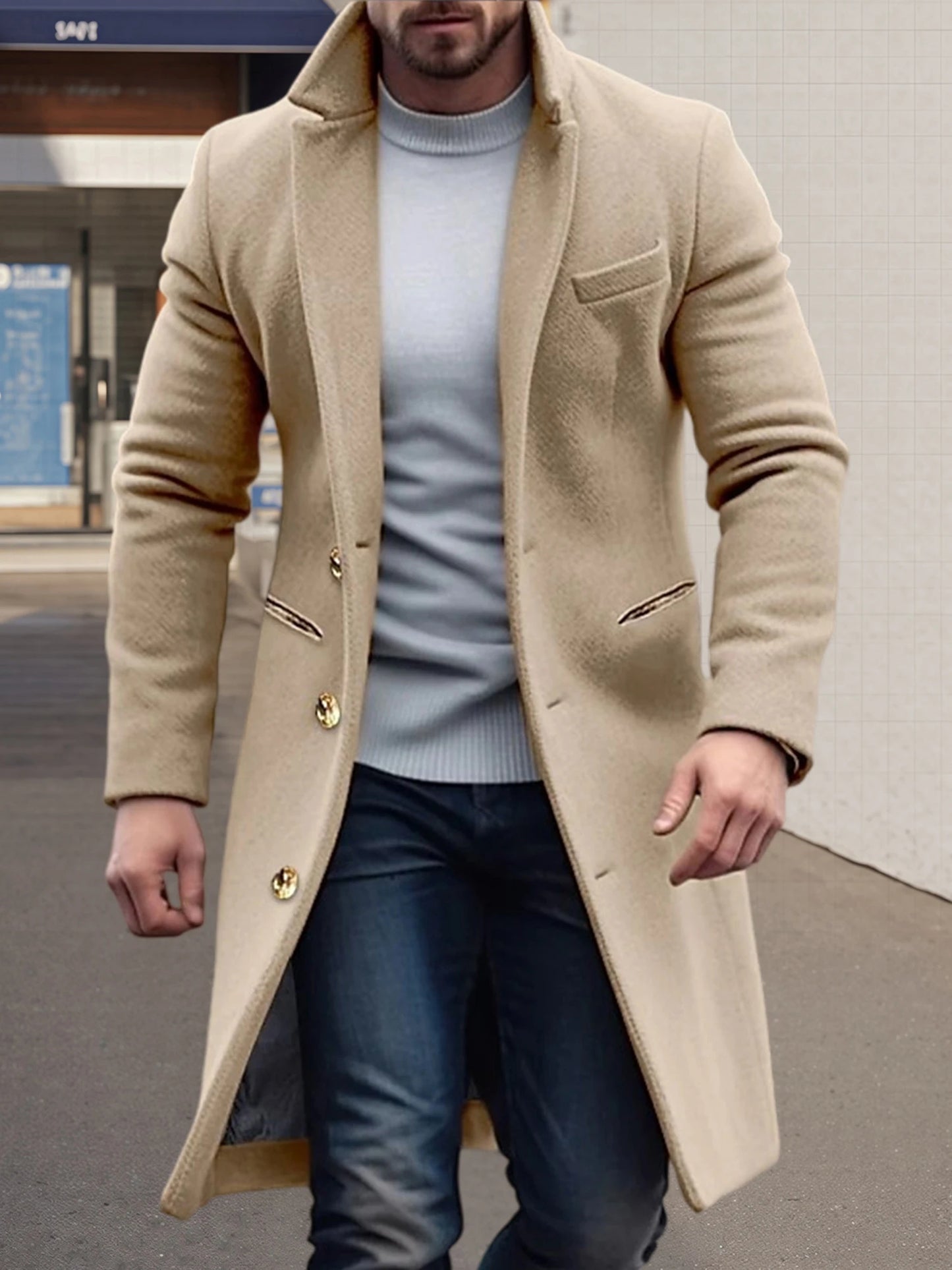 Men s Classic Wool Blend Pea Coat with Notched Lapel and Button Closure for Stylish Winter Outerwear and Streetwear Fashion