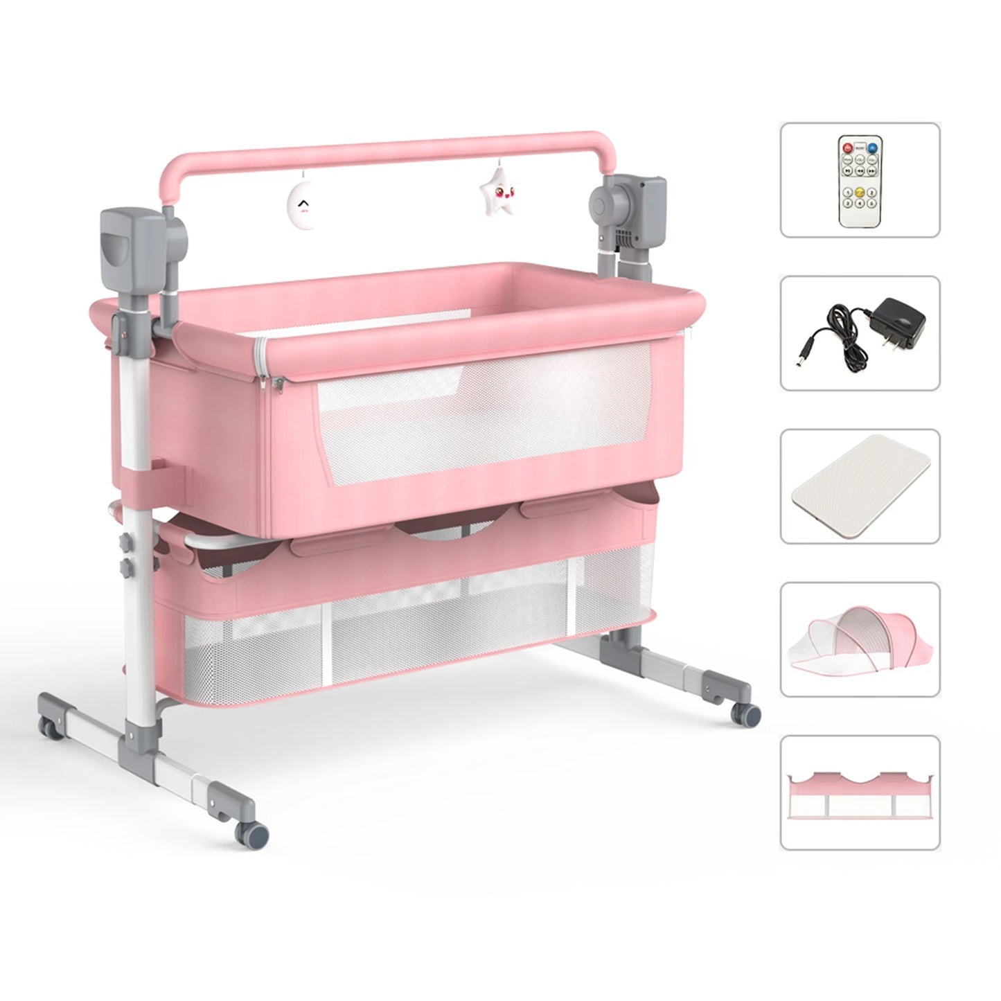 5-in-1 Portable Baby Bassinet with Changing Table, Bedside Sleeper, Storage Shelf & Wheels