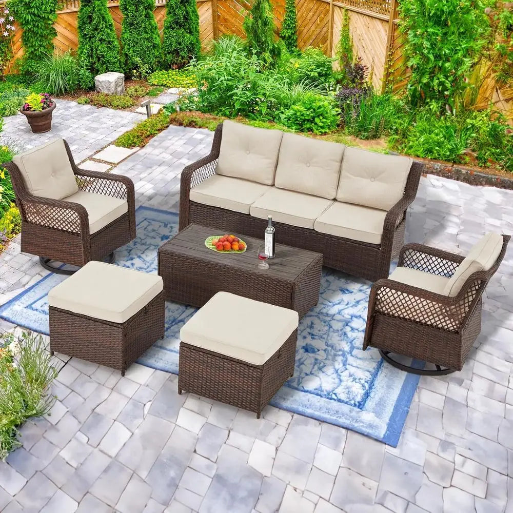 Luxury Wicker Patio Conversation Set . Outdoor Sectional Sofa with 360° Swivel Chairs