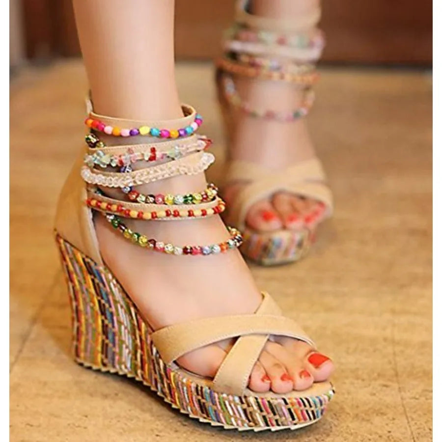 getmorebeauty Women's Wedge Sandals With Pearls Across The Top Platform Sandals High Heels