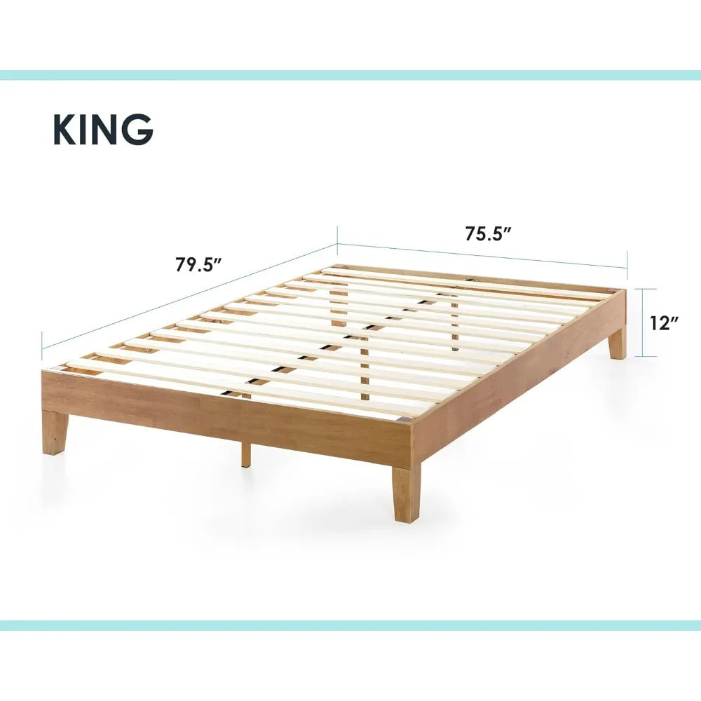 "12" solid wood grand platform bed with wooden slats - no box spring required - king size in natural pine finish"