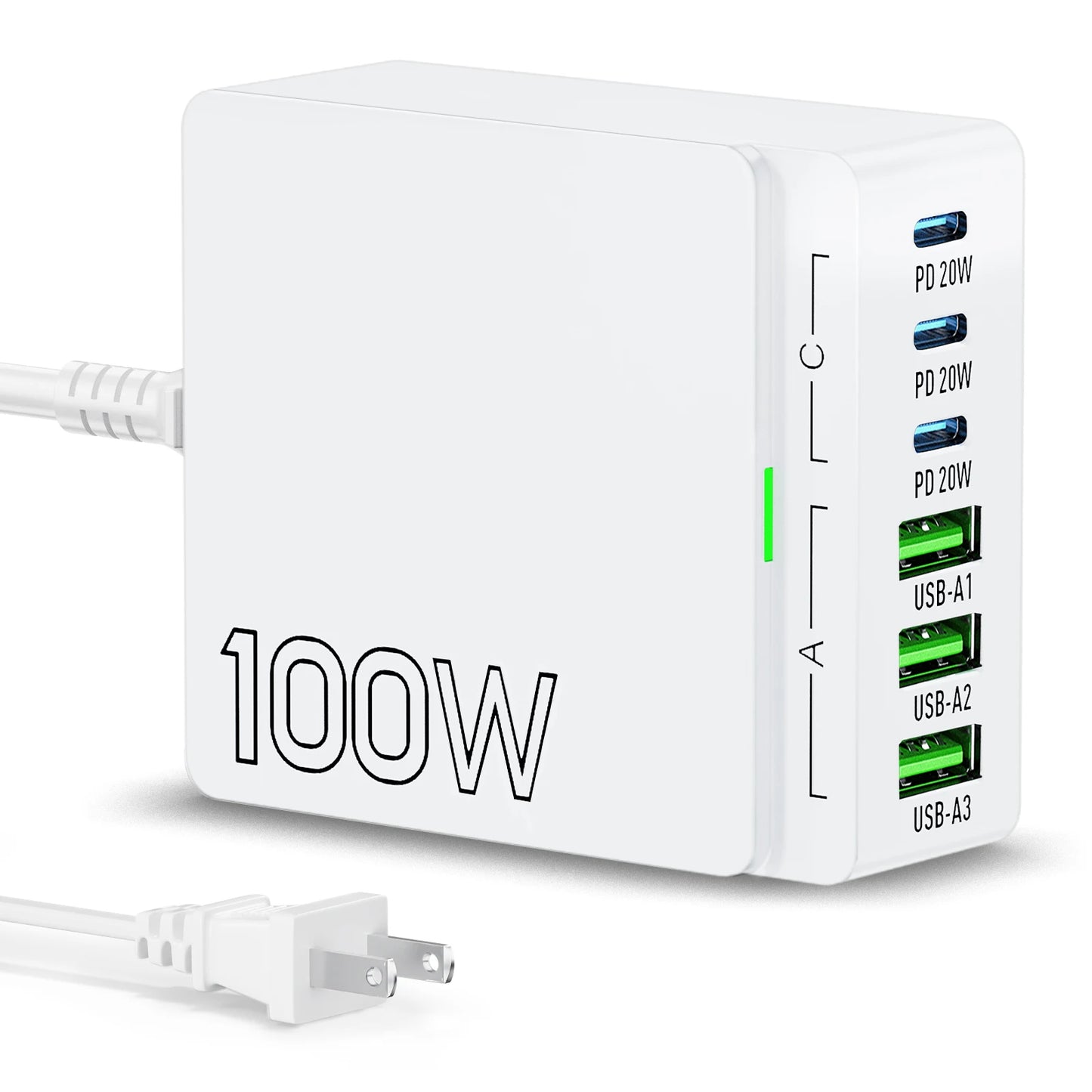 100W GaN 6-Port Fast Charging Station.USB-C & USB-A PD 3.0 Quick Charge Desktop Charger for iPhone, Samsung, iPad, MacBook & More