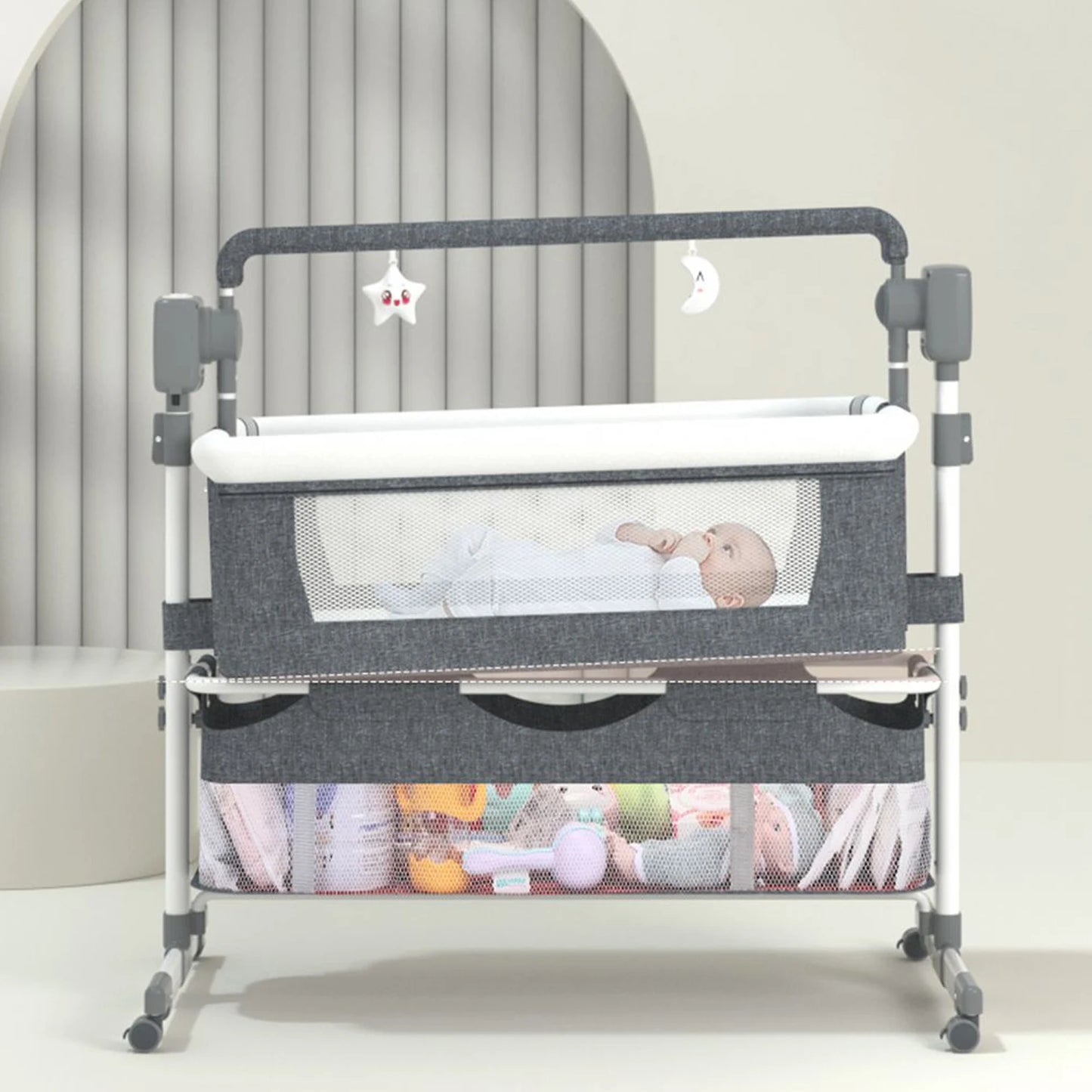 5-in-1 Portable Baby Bassinet with Changing Table, Bedside Sleeper, Storage Shelf & Wheels