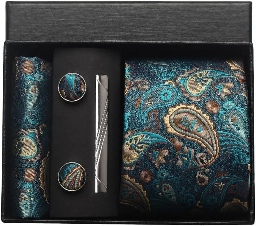 Luxury 100% Silk Paisley Floral Men’s Necktie Set | Business Tie with Matching Pocket Square & Formal Accessories