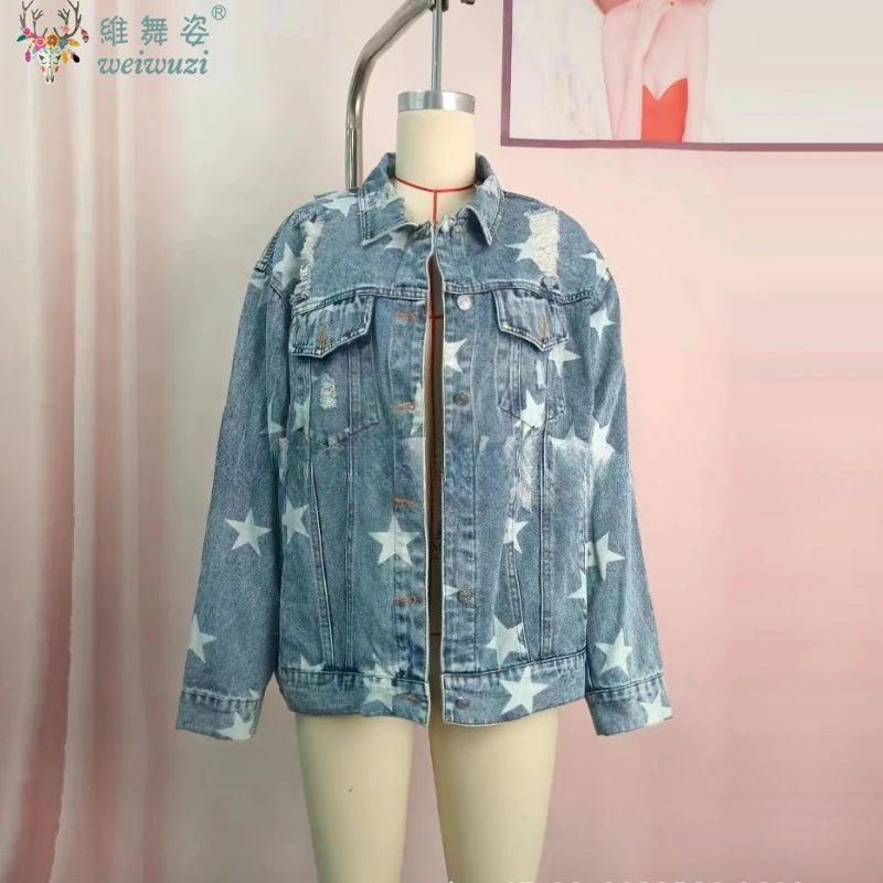 Women Denim Jacket Star Pattern Ripped Long Sleeve Jacket