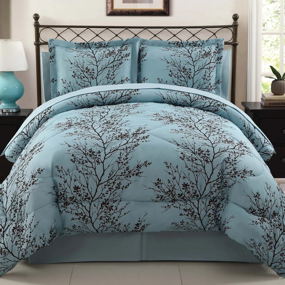 Luxury 7 Piece Blue Floral Comforter Set Stylish Bedding
