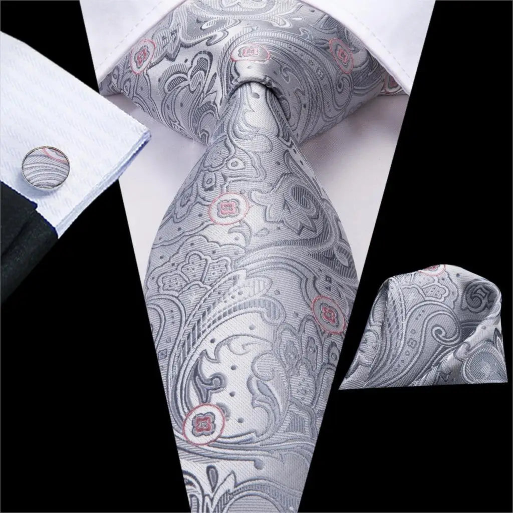 Hi-Tie Luxury Silver Men’s Necktie Set with Pocket Square & Cufflinks | Wedding, Business & Formal Events