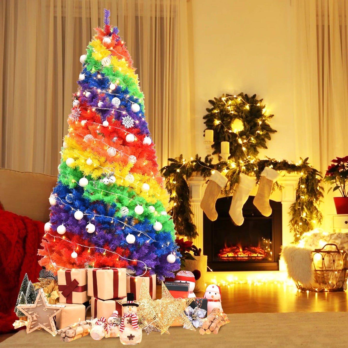 7FT Rainbow Artificial Christmas Tree . Vibrant Full Pine Holiday Tree for Festive Home Décor