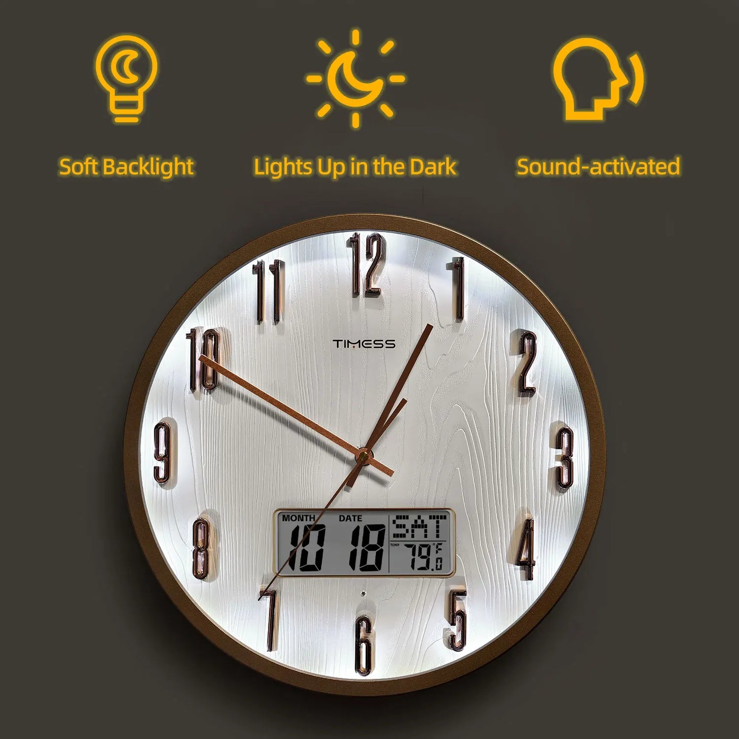 TIMESS Smart Luminous Wall Clock with Digital Display & Night Light