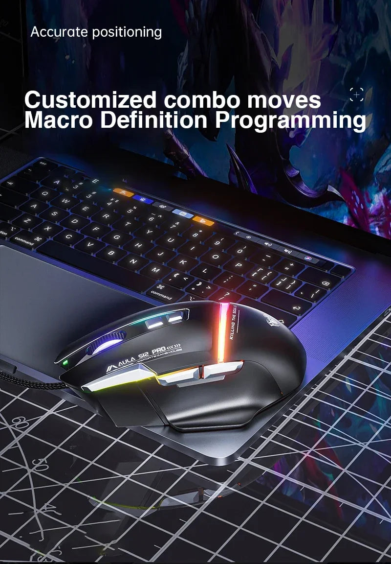 AULA S12Pro RGB Gaming Mouse .12800 DPI High-Speed Wired Mouse with Low Latency Performance