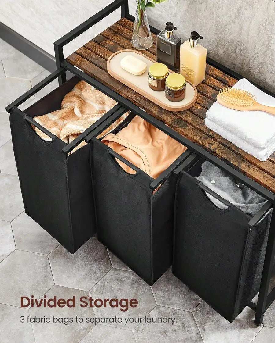 3-Section Laundry Sorter Hamper with Removable Bags & Pull Handles