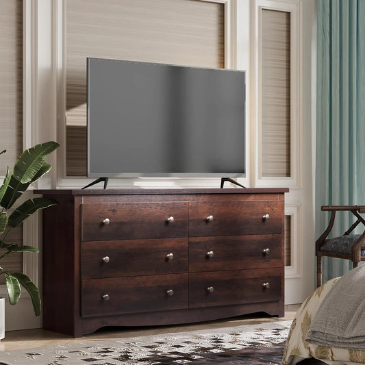 Wood Dresser with 6 Drawer Wide Chest of Drawers for Bedroom Long Nightstand with Drawers Modern Large Storage Tower Unit Closet