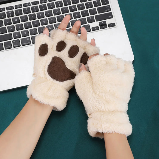 Lovely Plush Cat Paw Gloves Warm Mittens Short Fingerless