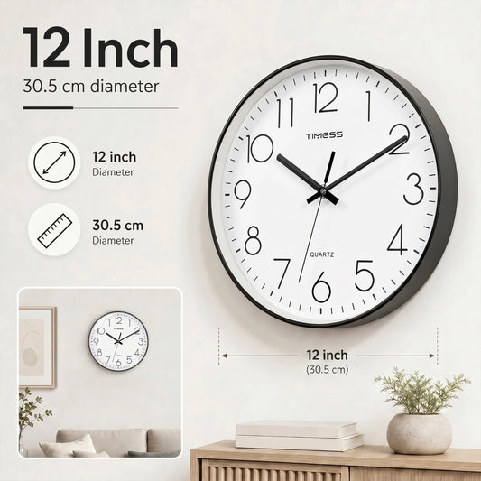 TIMESS 12-Inch Silent Wall Clock with 3D Numbers