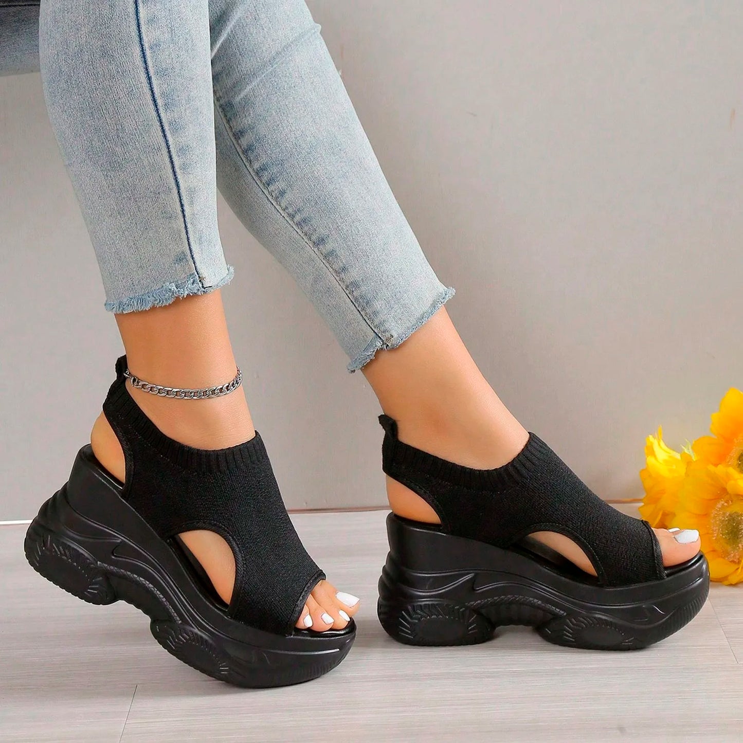 Thick Soled Sandals For Women Summer Mesh Breathable Peep Toe Sloping Heel Sandals Plus Size Sports Walking Mesh Flat Shoes