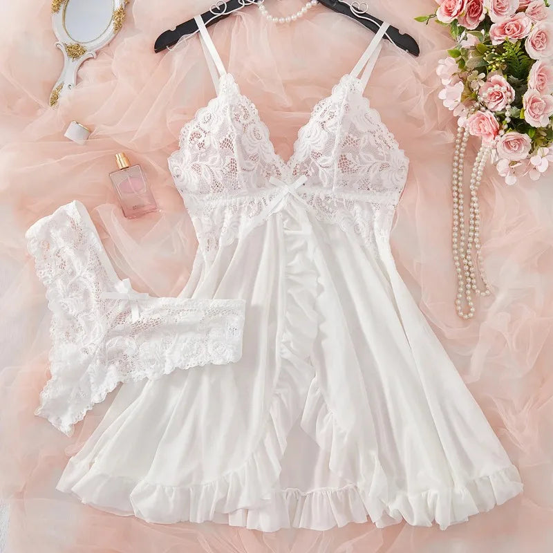 Women's Floral Lace Baby doll Lingerie Set. Sheer Nightdress with Matching Panties