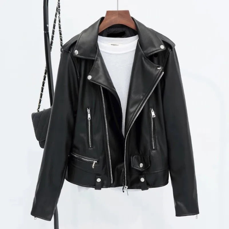 Women's Black Faux Leather Biker Jacket.  Asymmetrical Zip-Up Coat with Lapel Collar