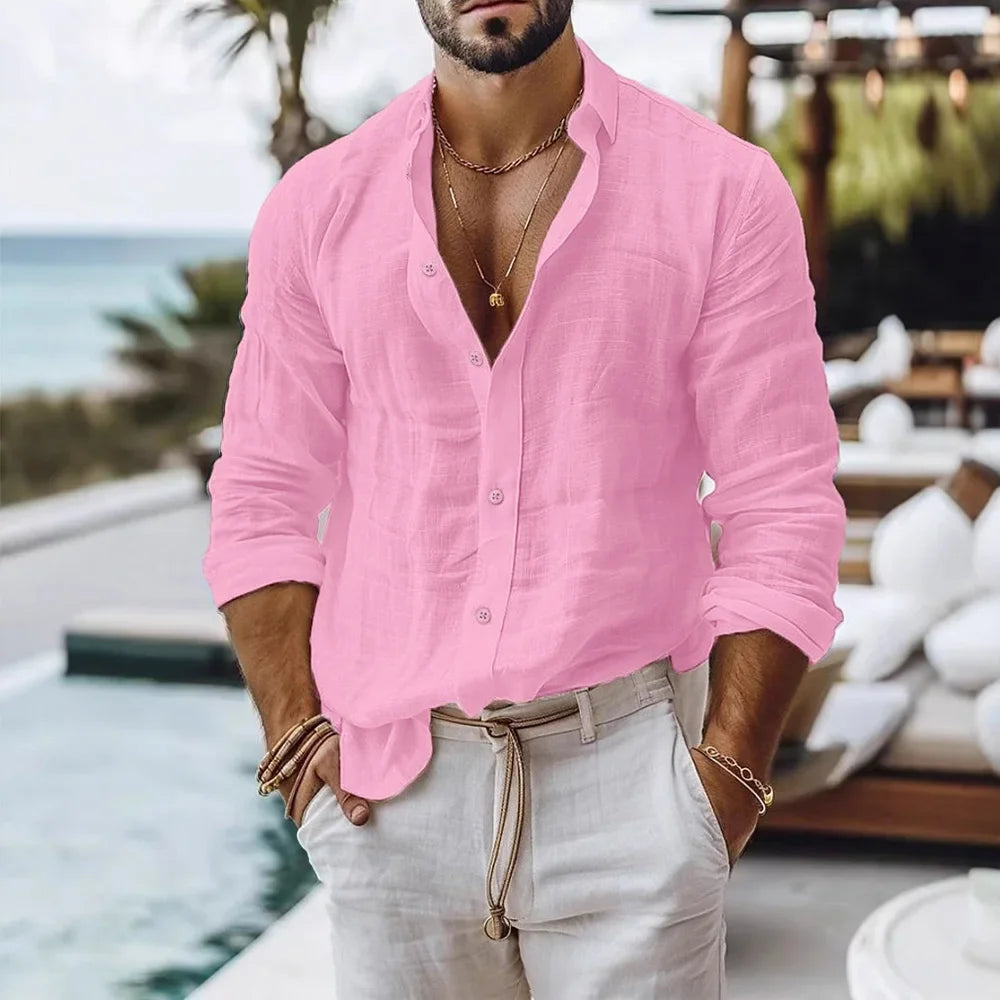 Men’s Cotton Linen Beach Shirt .Casual Summer Long Sleeve Button Down