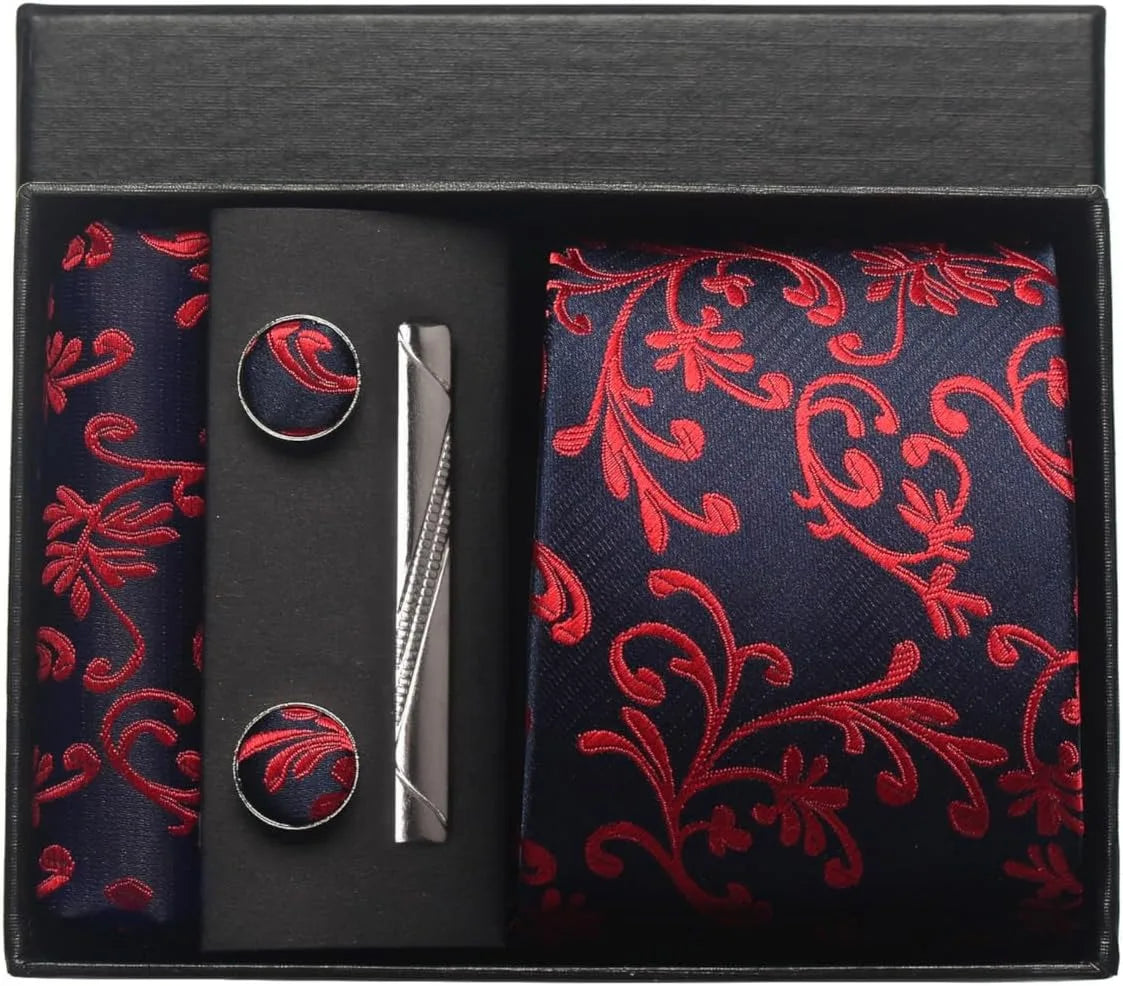 Luxury 100% Silk Paisley Floral Men’s Necktie Set | Business Tie with Matching Pocket Square & Formal Accessories