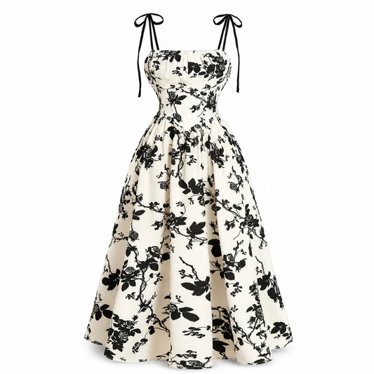 Women’s Floral Tie Shoulder Midi Dress | Square Neck Smocked Back A-Line Summer Sundress