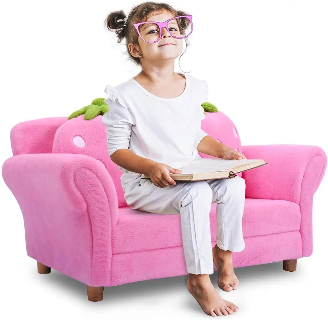 Toddler Couch with Strawberry Pillows, Kids Upholstered Loveseat, Coral Fleece, Wood Frame, Pink