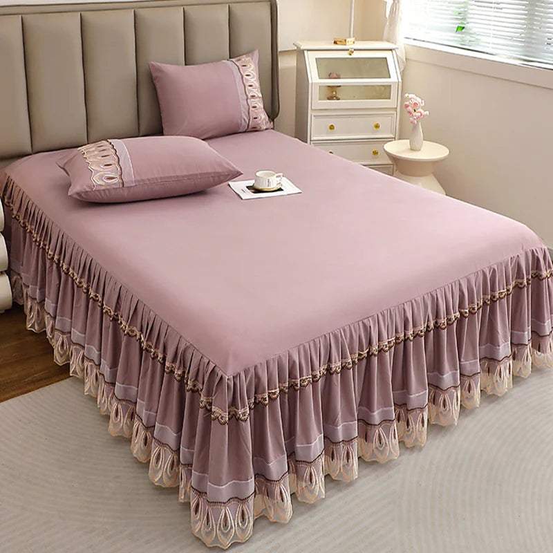 Elegant Solid Color Lace Bed Skirt Set