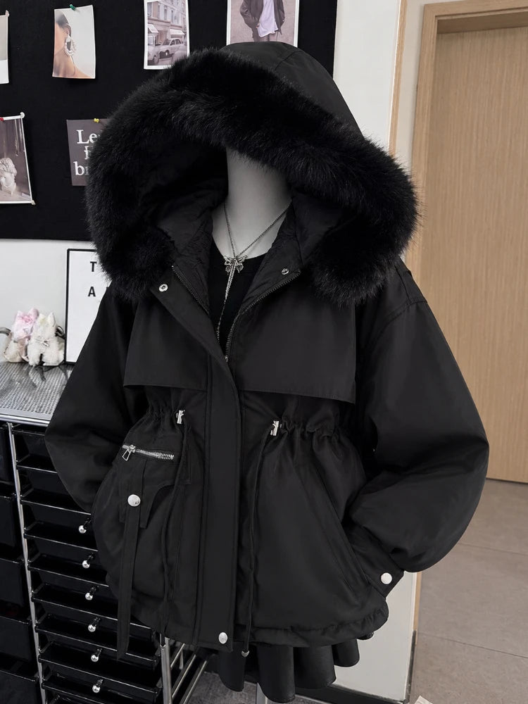 Women's Hooded Faux Fur Trim Winter Parka . Warm Padded Coat with Pockets