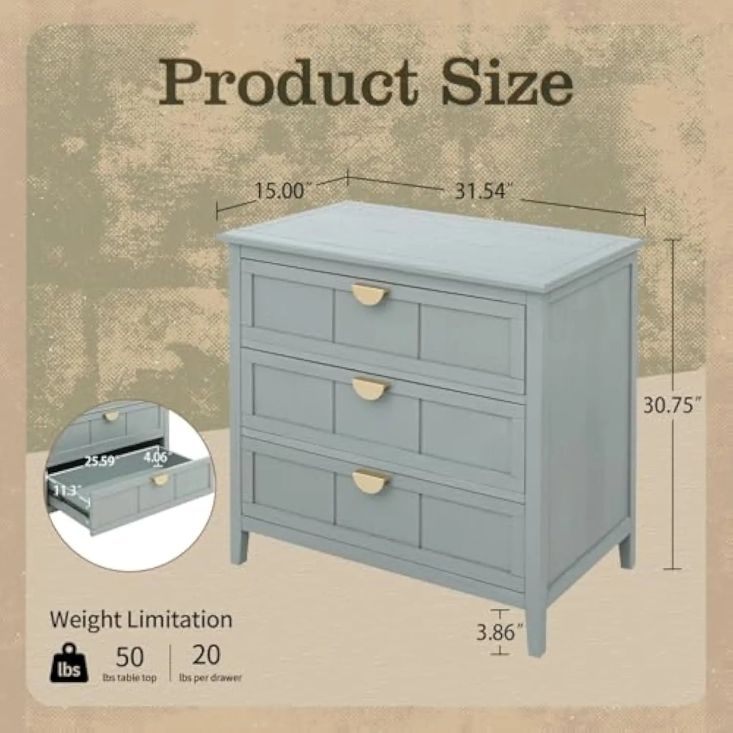 3 Drawers Dresser for Bedroom Set  Modern Wood Chest of Drawers Cabinet  Farmhouse Large Nightstand with Drawers  30 Inch Wide N