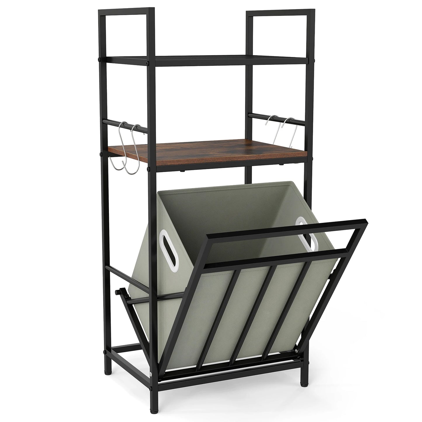 2-Tier Laundry Hamper Organizer with Tilt-Out Basket, Storage Shelf and 4 Hooks