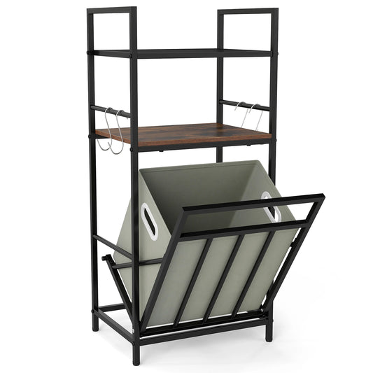 2-Tier Laundry Hamper Organizer with Tilt-Out Basket, Storage Shelf and 4 Hooks